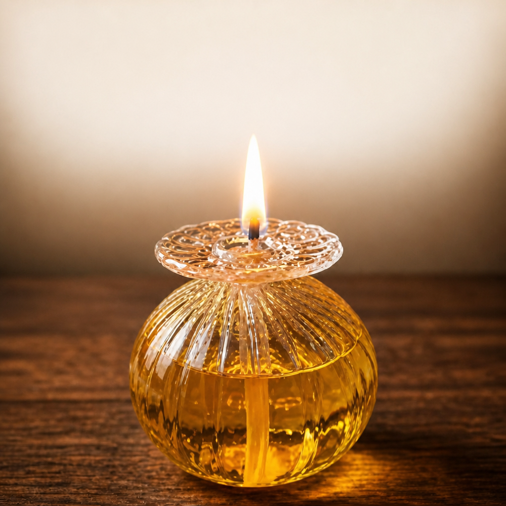 Glass Diya lit with a steady flame