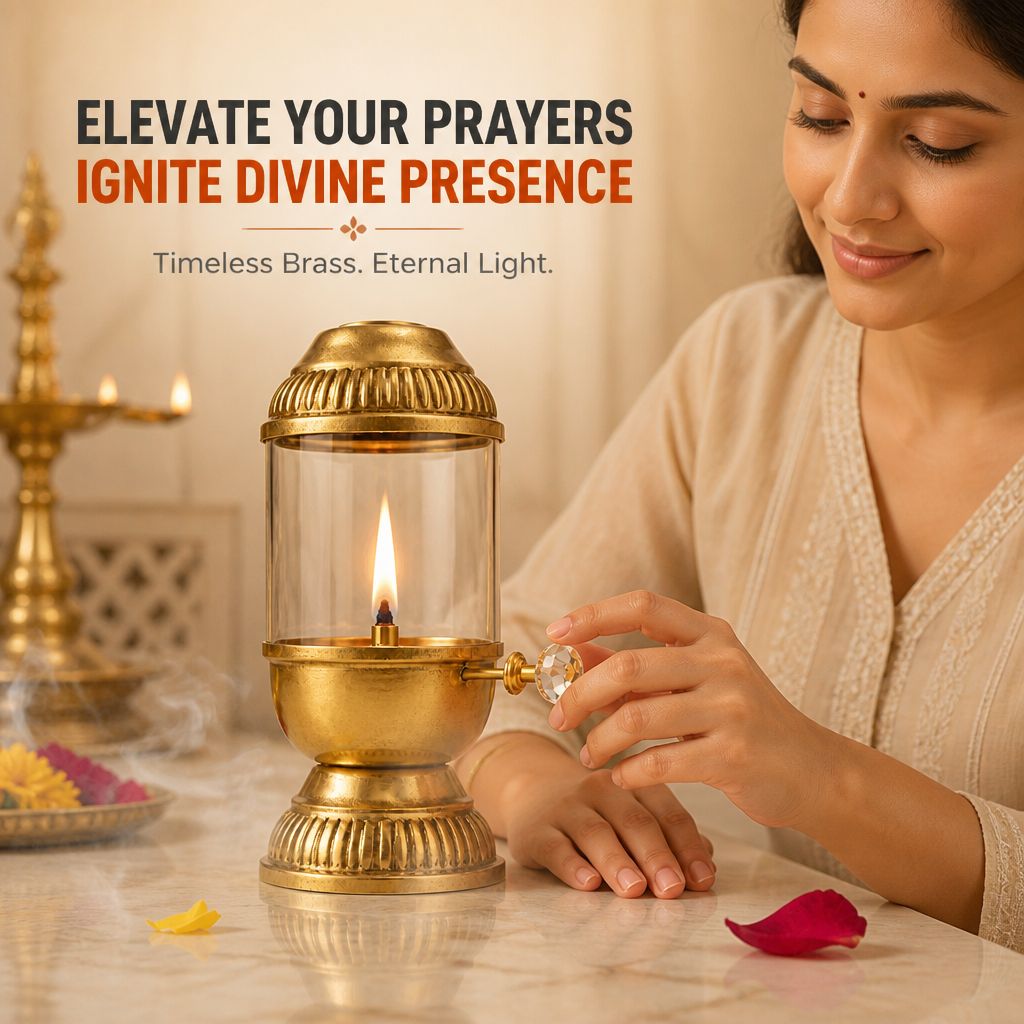 Akhand Glass Diya Set in a devotional setting